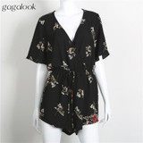 Gagalook 2017 Summer Playsuit Jumpsuit Romper Women Beach Wear Sexy Elegant Black Chiffon Floral V Neck Wrap Overalls P1648
