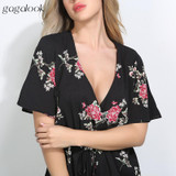 Gagalook 2017 Summer Playsuit Jumpsuit Romper Women Beach Wear Sexy Elegant Black Chiffon Floral V Neck Wrap Overalls P1648