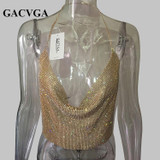 GACVGA 2018 Handmade Crystal Tank Top Sexy Backless Summer Beach Women Crop Top Halter Camis Metal Bralette Ladies Croped Tops