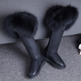 G&amp;Zaco Luxury Winter Women Natural Black Fox Fur Snow Boots Genuine Leather Knee-high Boots Long Waterproof Raccoon Fur Boots