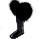 G&amp;Zaco Luxury Winter Women Natural Black Fox Fur Snow Boots Genuine Leather Knee-high Boots Long Waterproof Raccoon Fur Boots