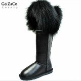 G&amp;Zaco Luxury Winter Women Natural Black Fox Fur Snow Boots Genuine Leather Knee-high Boots Long Waterproof Raccoon Fur Boots