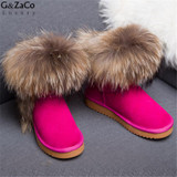 G&amp;Zaco Luxury Snow Boots Natural Fox Fur Cow Boots Waterproof Mid Calf Genuine Leather Winter Cotton Real Fur Boots Women Shoes