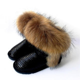 G&amp;Zaco Luxury Snow Boots Natural Fox Fur Cow Boots Waterproof Mid Calf Genuine Leather Winter Cotton Real Fur Boots Women Shoes