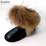 G&amp;Zaco Luxury Snow Boots Natural Fox Fur Cow Boots Waterproof Mid Calf Genuine Leather Winter Cotton Real Fur Boots Women Shoes