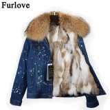 Furlove 2017 Parka Winter Women Denim Jacket Real Large Raccoon Fur Collar Rex Rabbit Fur Liner Outwear Detachable Brand Style