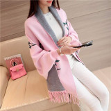TWOTWINSTYLE 2017 Spring Women Embroidery Floral Tassel Trench Coats Cloak Long Sleeves Female Knit Cardigan Sweater Windbreaker