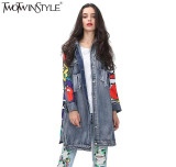 TWOTWINSTYLE 2017 Spring Print Denim Trench Coats Female Ripped Pockets Long Loose Jeans Windbreaker Cardigan Clothes