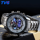 TVG Male Sports Watch Men Full stainless steel waterproof Quartz-watch Digital Led Analog Dual display Men's Wrist Watches