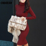 Turtleneck Women Dress Long Sleeve Autumn Winter Fashion 2017 New Korean Style High Waist Bodycon Dresses Basic Womens Clothing