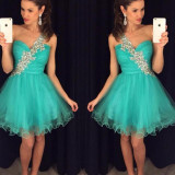 Turquoise Short Prom Dresses  2017 Party Homecoming Cocktail Gown A Line One Shoulder Beads Crystals Graduation Dress Cheap