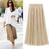 Vintage Women Metallic Luster Stretch High Waist Plain Skater Flared Pleated Long Skirt Gold Sequined Skirts