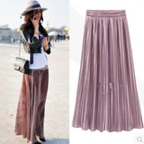 Vintage Women Metallic Luster Stretch High Waist Plain Skater Flared Pleated Long Skirt Gold Sequined Skirts