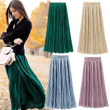 Vintage Women Metallic Luster Stretch High Waist Plain Skater Flared Pleated Long Skirt Gold Sequined Skirts
