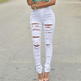 Vintage Women Jeans High Waist Skinny Ripped Jeans Pants Fashion Sexy Hole Tight Denim Jeans Pant Trousers For Women White/Black