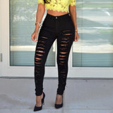Vintage Women Jeans High Waist Skinny Ripped Jeans Pants Fashion Sexy Hole Tight Denim Jeans Pant Trousers For Women White/Black