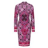 Vintage Women Dress Tribal Print Long Sleeve Bodycon Dresses Ladies Sheath Purple Dress Women 2017 New Arrivals Woman Clothing