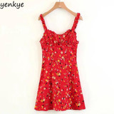 Vintage Summer Dress 2018 Sweet Women Red Floral Printed Sling Dress Sexy Sleeveless Mini Dress LJPZ8635
