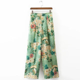 Vintage Print Floral High Elastic Waist Loose Wide Leg Pants Pockets Fashion Women Casual Full Length Pants Trousers Streetwear