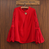 Vintage Lantern Sleeve Blouses Brand Designer Chiffon Tops Temperament Women Fashion Round Neck Hollow Out Lace Shirts