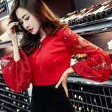 Vintage Lantern Sleeve Blouses Brand Designer Chiffon Tops Temperament Women Fashion Round Neck Hollow Out Lace Shirts