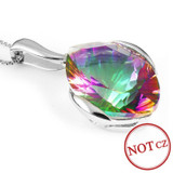 Vintage Huge 11ct Natural Genuine Rainbow Fire Mystic Topaz Concave Cut Solid 925 Sterling Silver Pendant For Women