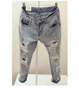Vintage Handwork Beading Loose Denim Jeans Ripped Jeans For Women Pearl Loose Pants Pantalones Vaqueros Mujer Hole Harem Pants