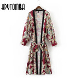 Vintage Flower Printed With Sashes Long Kimono Shirt Women 2018 New Fashion Bandage Cardigan Patchwork Casual Blouse Femme Blusa
