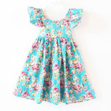 Vintage Floral Girls Dress Ruffle Sleeve Backless Bule Flower Baby Girls Summer Dress Boutique Girls Clothes 6T Girls Outfit