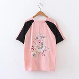 High Quality On the Back Flower Embroidery T-shirt Women Kawaii Pattern Short Sleeve Design Cotton T Shirt Women Tees Tops