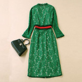 HIGH QUALITY New Fashion 2017 Runway Designer Dress Women's 3/4 Sleeve V-neck Front Zipper Green Lace Dress