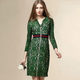 HIGH QUALITY New Fashion 2017 Runway Designer Dress Women's 3/4 Sleeve V-neck Front Zipper Green Lace Dress