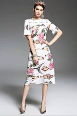 High Quality New 2017 Spring Summer Designer Runway Dress Women elegant Mid Calf Length Floral Embroidery Printed Pink Dress