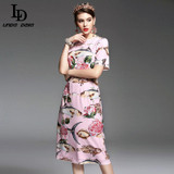 High Quality New 2017 Spring Summer Designer Runway Dress Women elegant Mid Calf Length Floral Embroidery Printed Pink Dress
