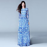 HIGH QUALITY New 2015 Fashion Women's Long Sleeve Vintage Blue And White Print Dress Brand Maxi Dress