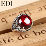 EDI 100% 925 Sterling Silver rings Vintage palace rings for women Retro round garnet Resizable Ring party gift fine jewelry
