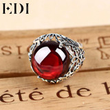 EDI 100% 925 Sterling Silver rings Vintage palace rings for women Retro round garnet Resizable Ring party gift fine jewelry