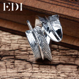 EDI 100% 925 Sterling Silver Vintage Feather Adjustable Rings for Women Classic Designs Feather Sterling Silver Rings Gifts
