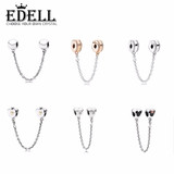 EDELL 2017 Genuine 925 Sterling Heart-shapedClear CZ Security Chain of Pearls Charm Fit Original Bracelet Jewelry Safety Chains