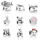EDELL 100% Genuine 925 Sterling Silver Animal flower pig beads Clear CZ Charm bead Fit Bracelet DIY bangle Pendants Gift jewelry