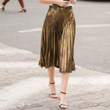 Donna Summer New Women Pleated Skirt Vintage High Waist A-Line Shiny Gold Silver Skirt Female Bling Bling Midi Skirts B606Z