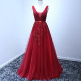 SOCCI Wine Red V-Neck Tulle Lace Long Evening Dresses Pearls Beading backless vestido de festa longo Formal Wedding Party Gowns