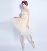 SOCCI 2017 Elegant Tulle Lace Cocktail Dresses Lace up Back Knee length Champagne Prom Dress for Women Bride Wedding Party