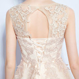 SOCCI 2017 Elegant Tulle Lace Cocktail Dresses Lace up Back Knee length Champagne Prom Dress for Women Bride Wedding Party