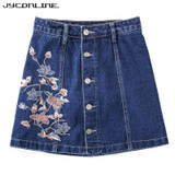 JYConline Casual Floral Embroidery Denim Skirt High Waist Skirts Womens Plus Size Short Jeans Skirt Vintage Mini Skirts Buttons
