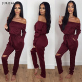 Julissa Mo Off Shoulder Jumpsuit New Autumn Long Sleeve Rompers Womens Jumpsuit Sexy Club Party Jumpsuits Hole Rompers for Women