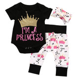 0-18M Newborn Baby Girls Clothes Set Princess Crown Bodysuit Romper Pant Headband 3PCS Outfit Toddler Kids Clothing Bebek Giyim