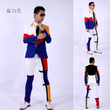 (jacket+pants)suit male blue white red color dancer singer dress performance show nightclub clothing  Outdoors Slim  wear show