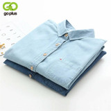 GOPLUS 2018 Denim Shirt Women Blouses Blue Long Sleeves School Shirts Jeans Turn Down Collar Blusas femininas Tops C4273