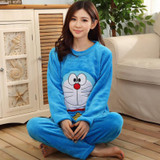 GOPLUS 2017 Autumn Winter Couple Flannel Doraemon Pajamas Set Cartoon Cat Lovers Long Sleeve Sleepwear Set Women and Men Pyjamas